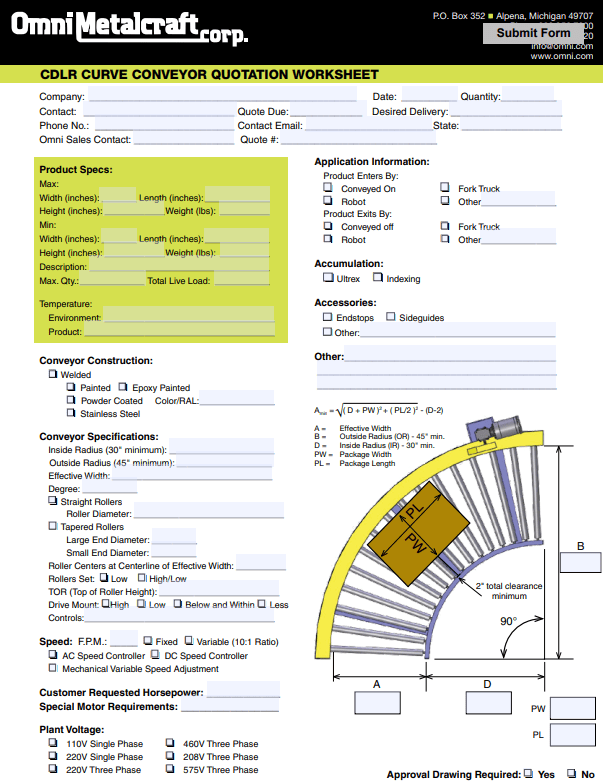 Omni CDLR Curve Conveyor Quote Worksheet